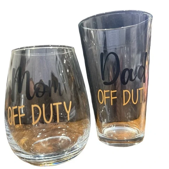 Mom and Dad Off Duty Glass Set Wine & Beer Perfect Gift! - Picture 1 of 5